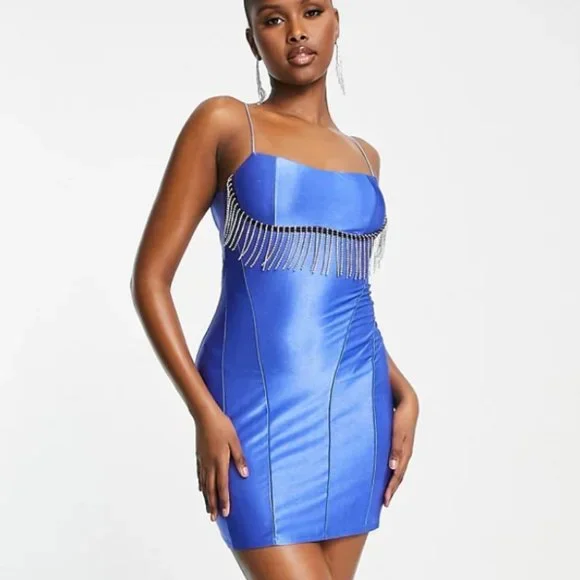 ASOS Design satin cami mini dress with crystal trim in Electric blue-Black